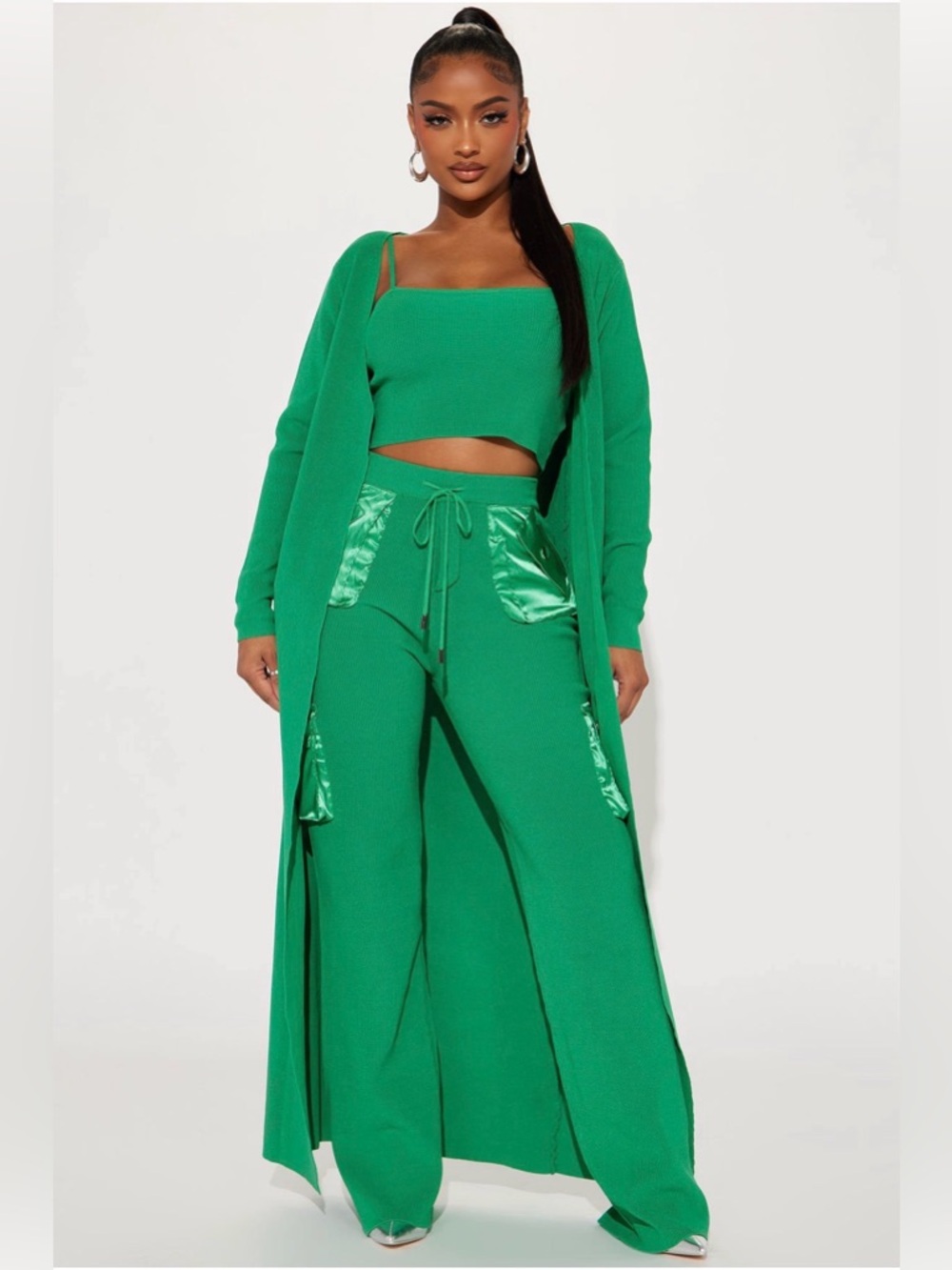 💚 Fashion Nova Green Boho 3 Pc Cardigan Jacket Cami Tank Pants Sweater Set NEW L